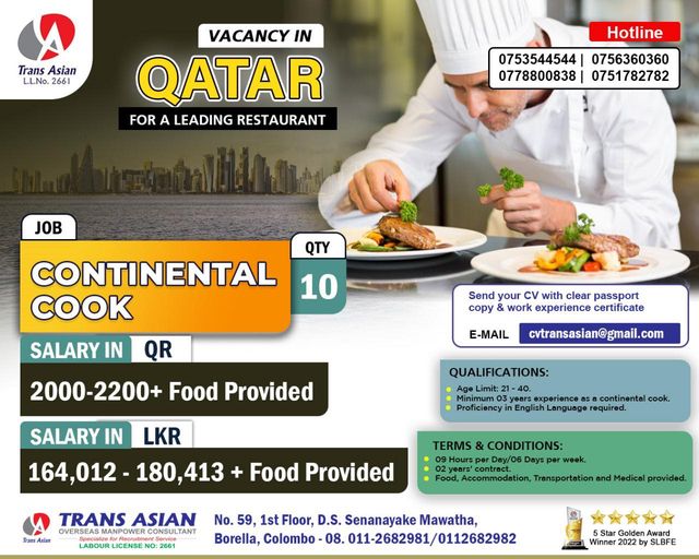 10+ New Continental Cook Jobs in Qatar Cook Qatar